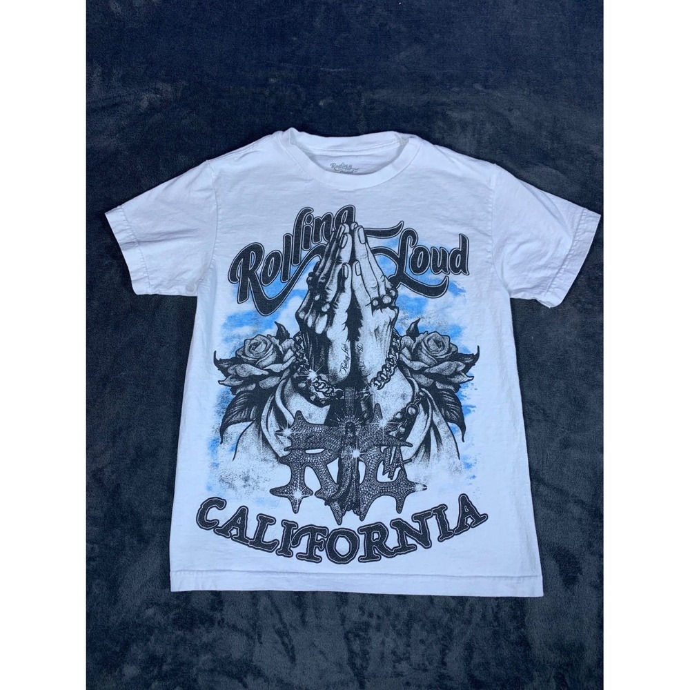 Rolling Loud California Praying Hands Roses T-Shirt White 100% Cotton Size‎ S